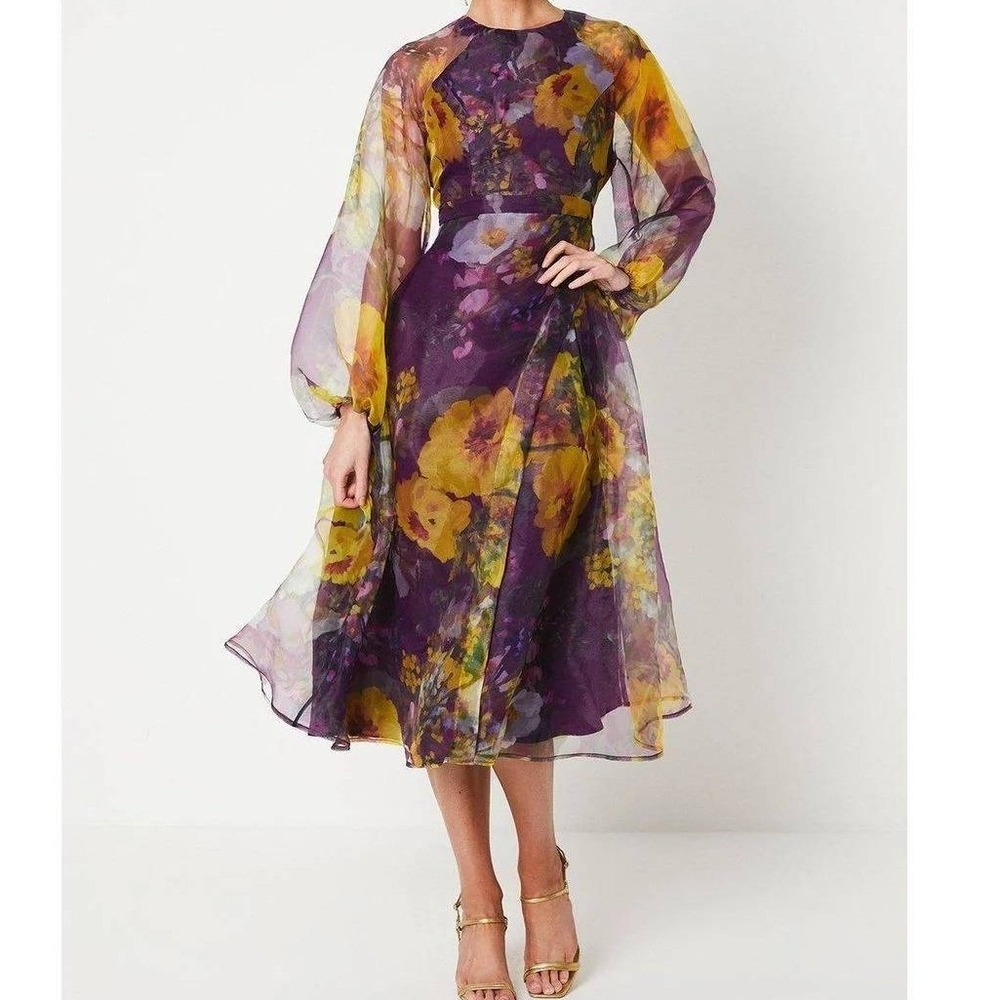 Sheer Floral Midi Dress in Purple and Yellow